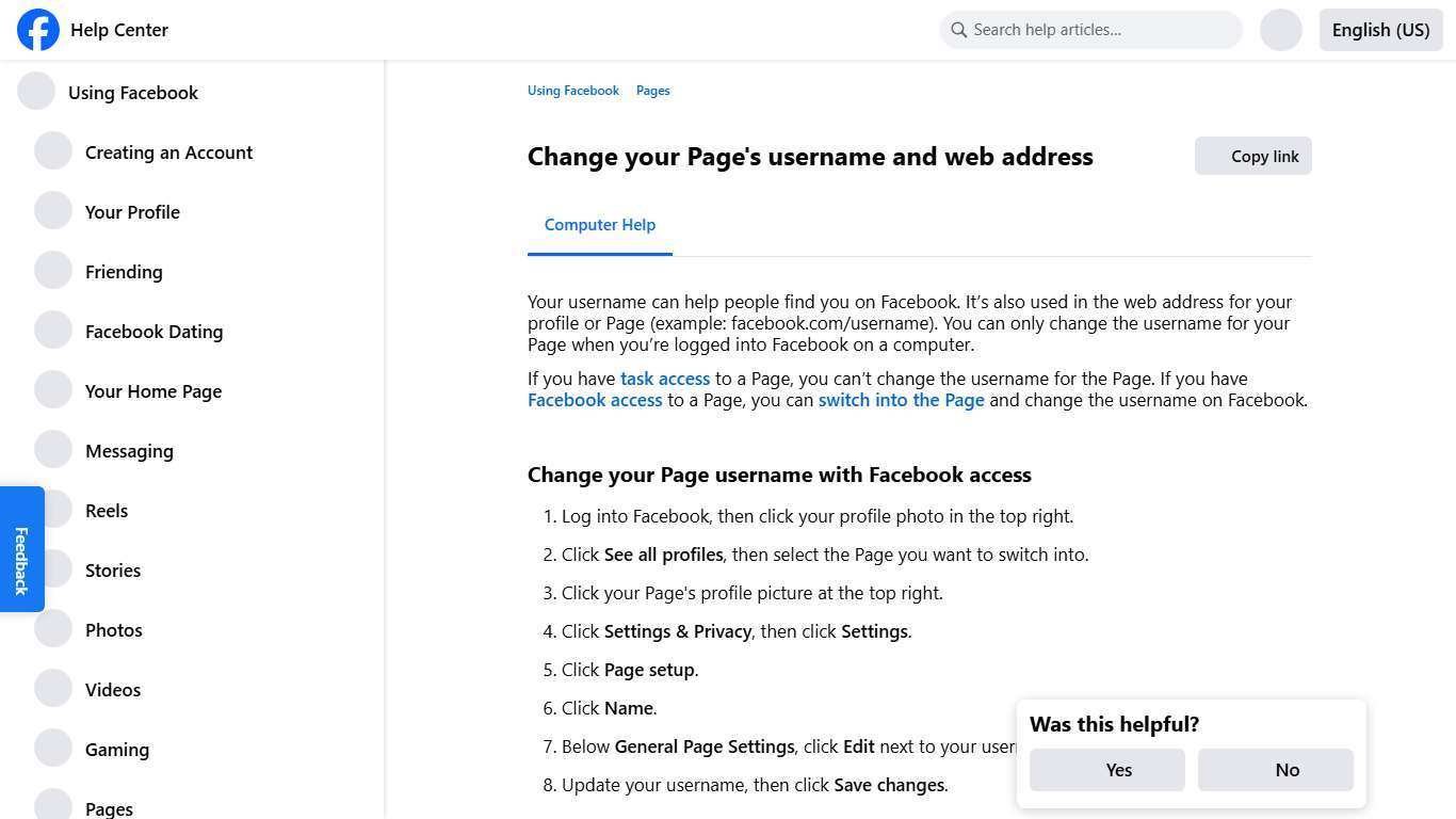Change your Page's username and web address | Facebook Help Center